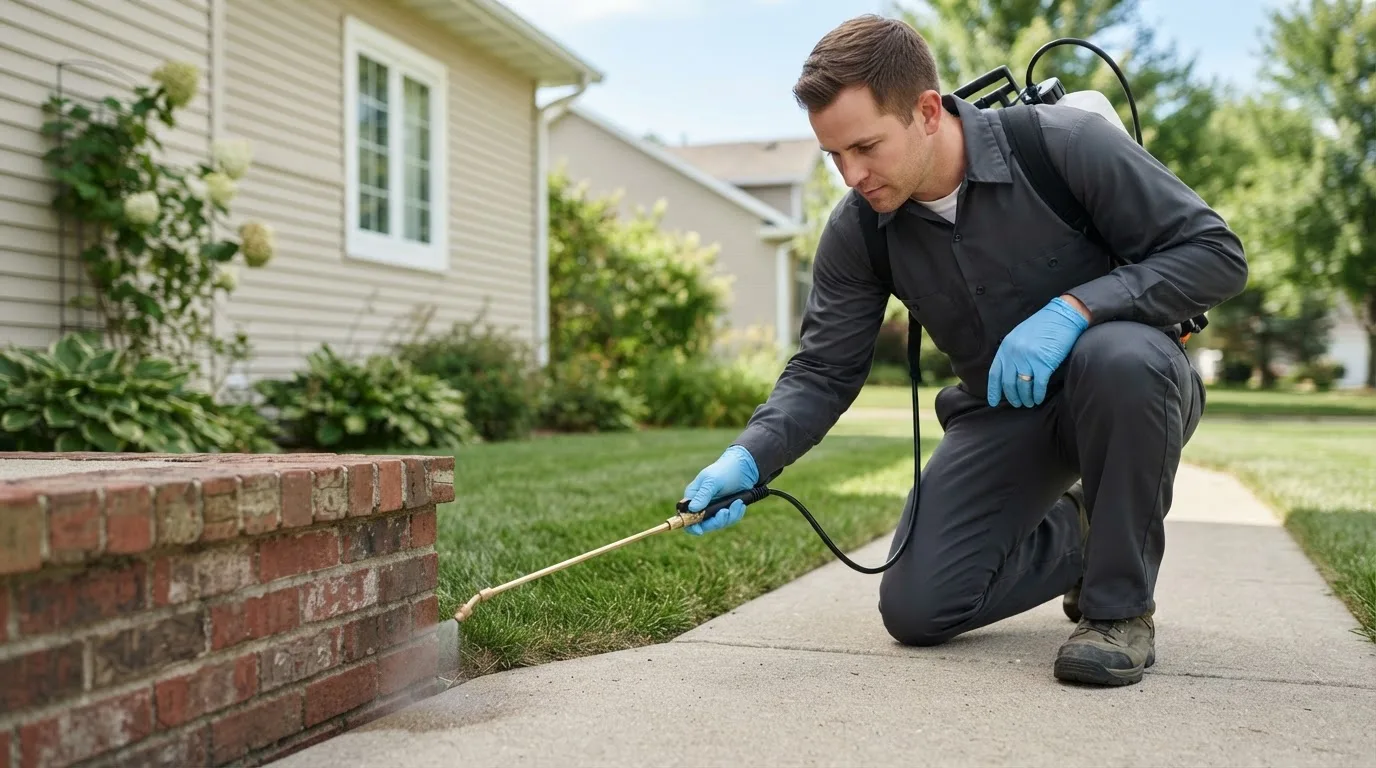 Pest control technician treating a home near Bond, CO